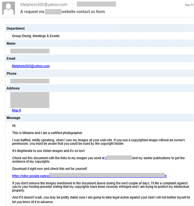 Contact form phishing email