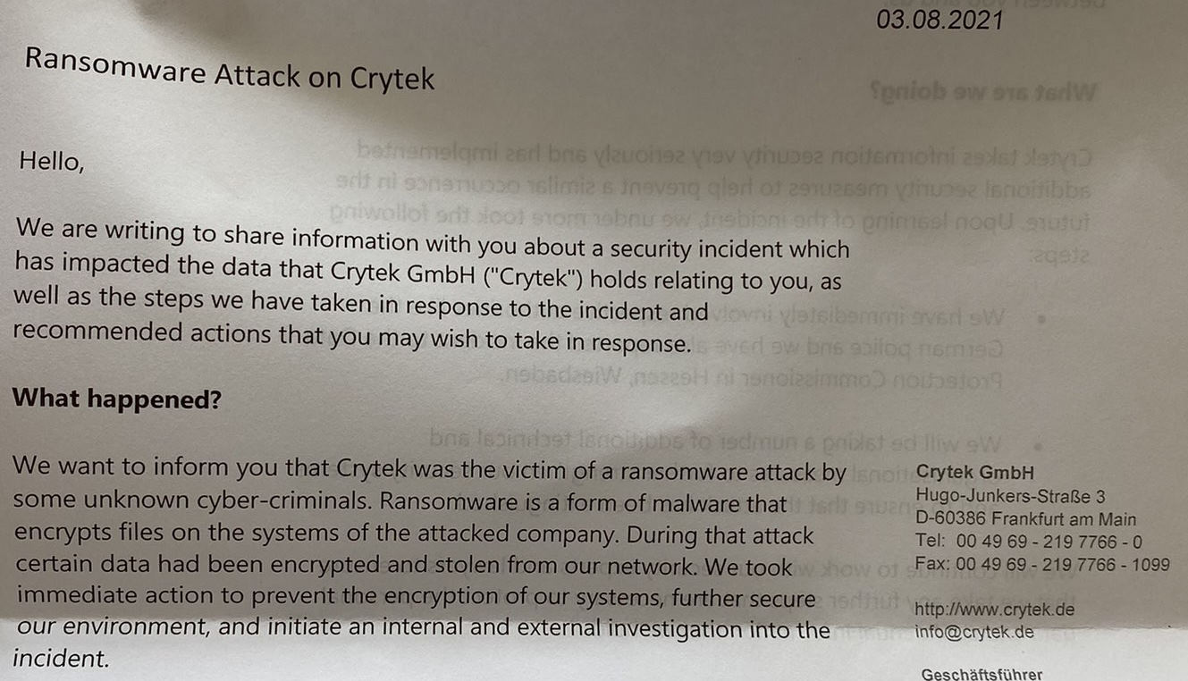 Crytek ransomware letter