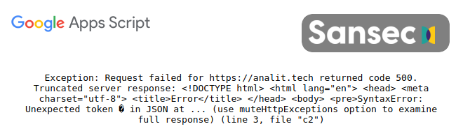 Error displayed when accessing attackers' custom Google Apps Script app