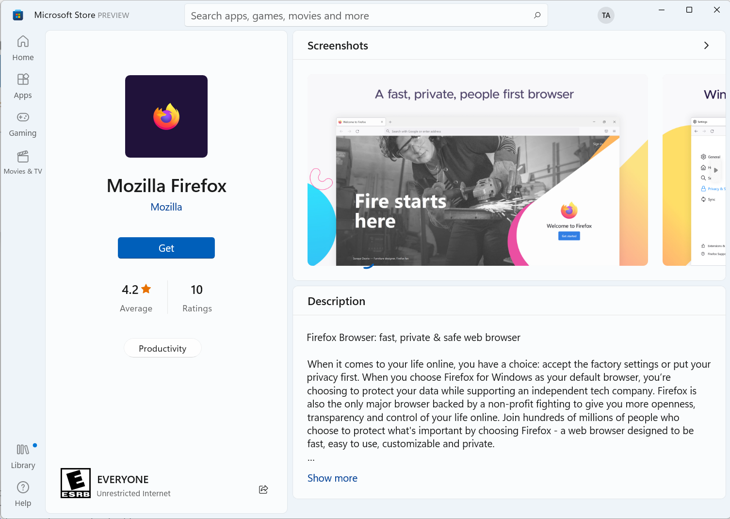 Firefox on the Microsoft Store
