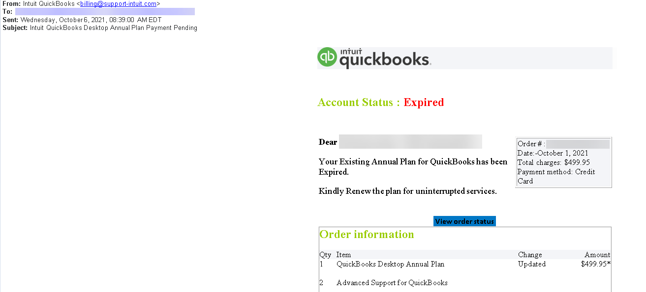 Intuit QuickBooks phishing email