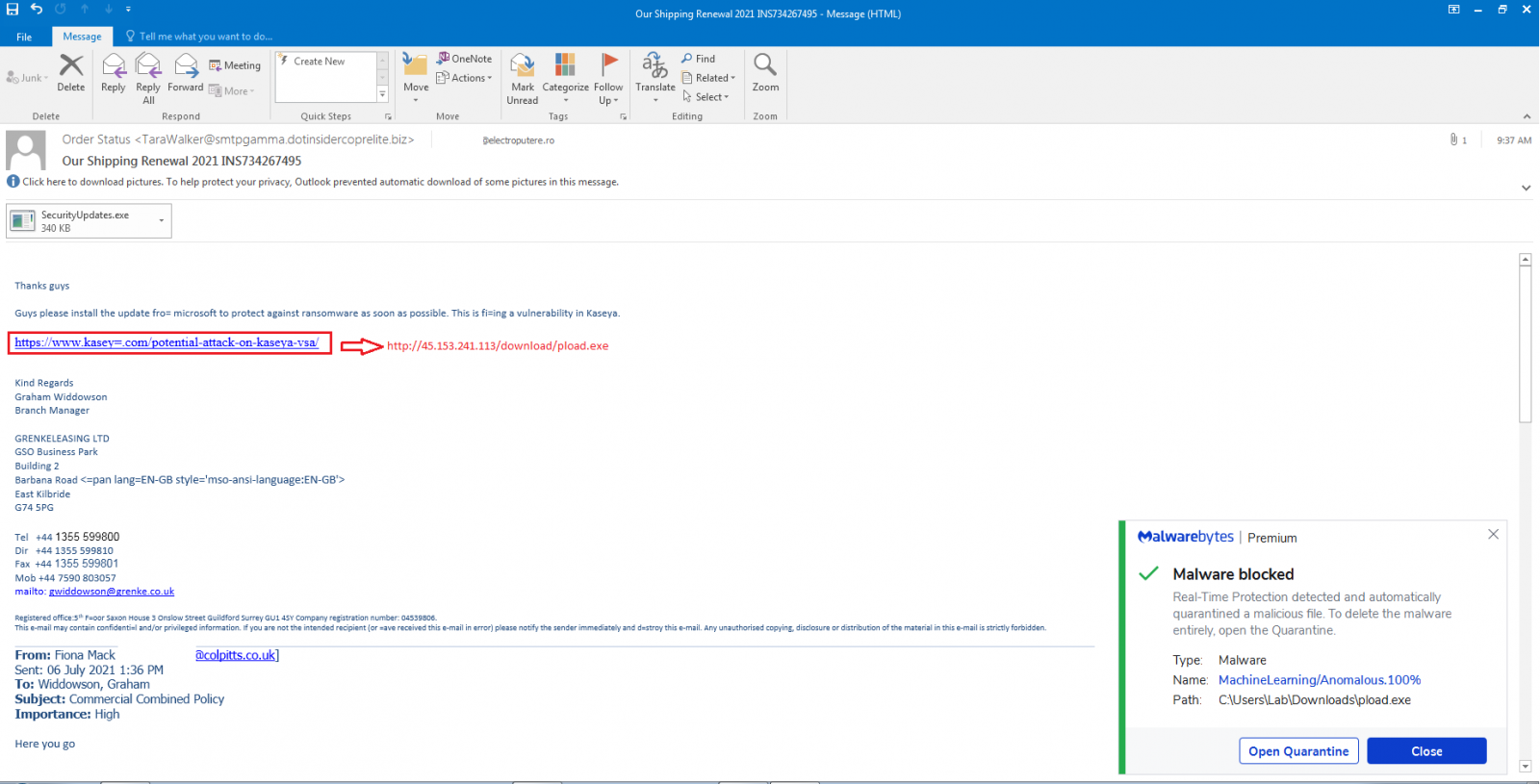 Kaseya phishing email sample (Malwarebytes)