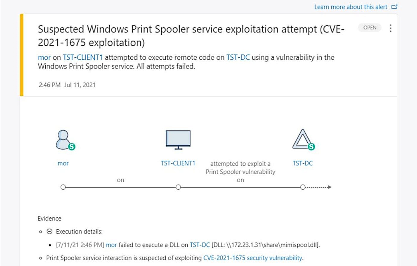 Microsoft Defender for Identity detects a PrintNightmare exploit attempt