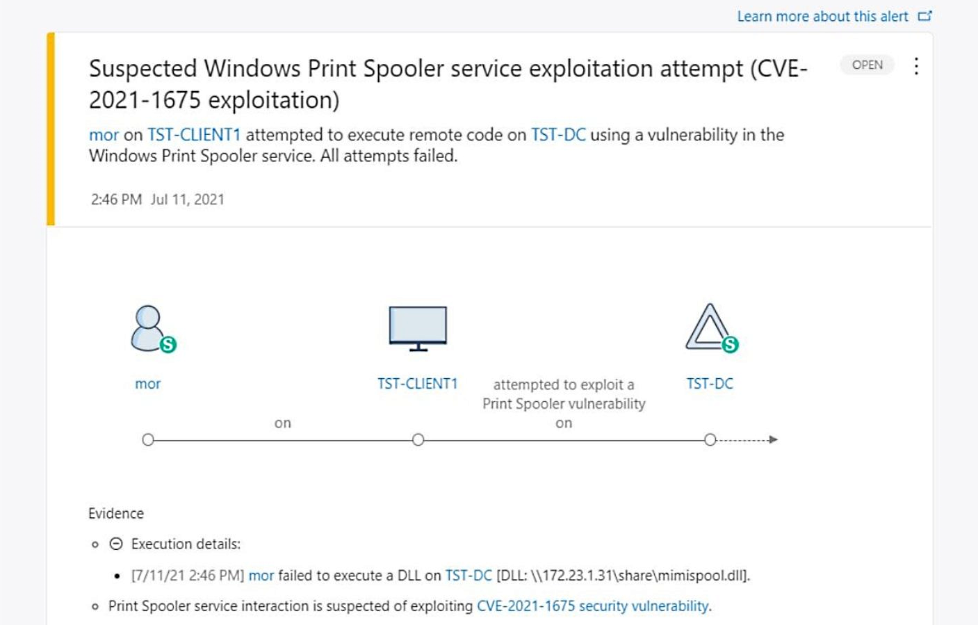 Microsoft Defender for Identity detecting PrintNightmare exploitation attempt