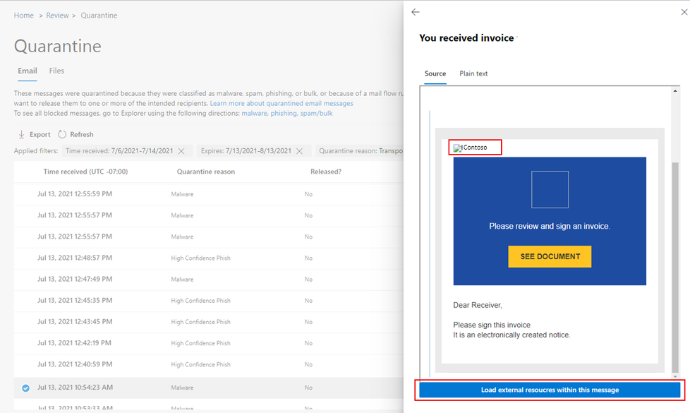 Microsoft Defender for Office 365 blocking quarantined email threats