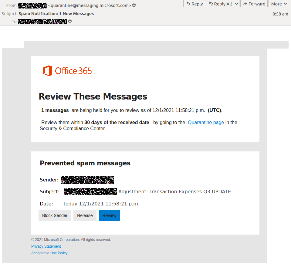 Microsoft Office 365 spam alert phishing sample