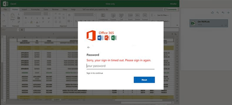 Office 365 credentials phishing dialog