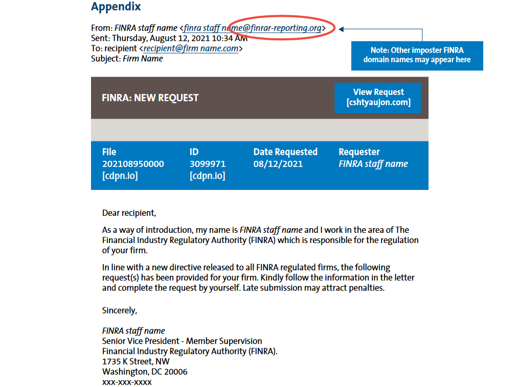 FINRA Sample Phishing Email