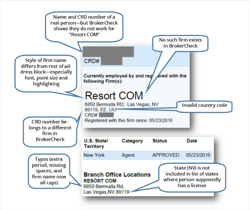 Scam signs on falsified BrokerCheck report