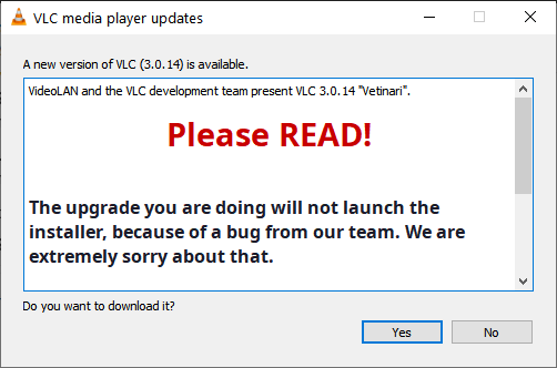 VLC 3.0.14 update prompt