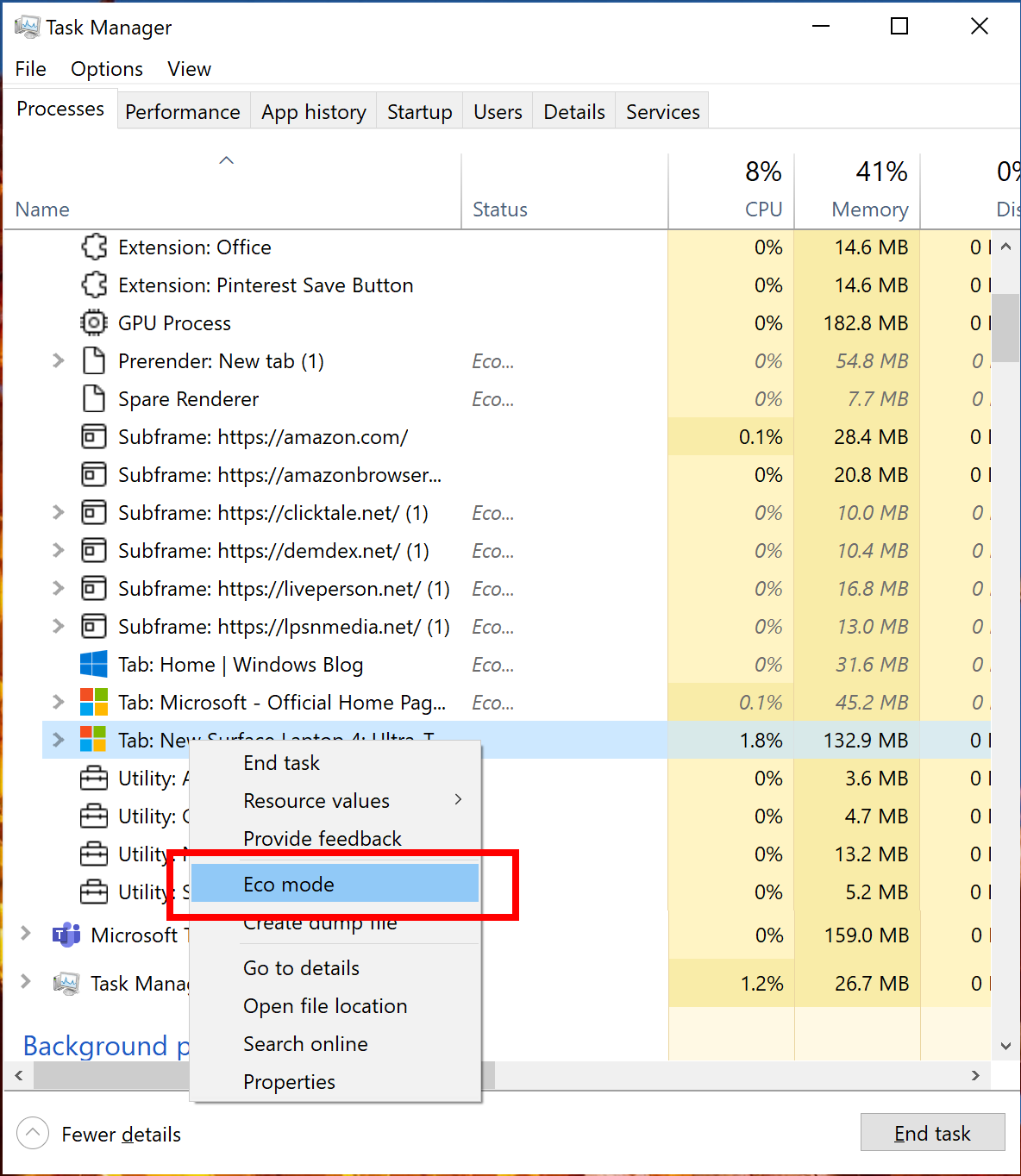 Task Manager Eco mode