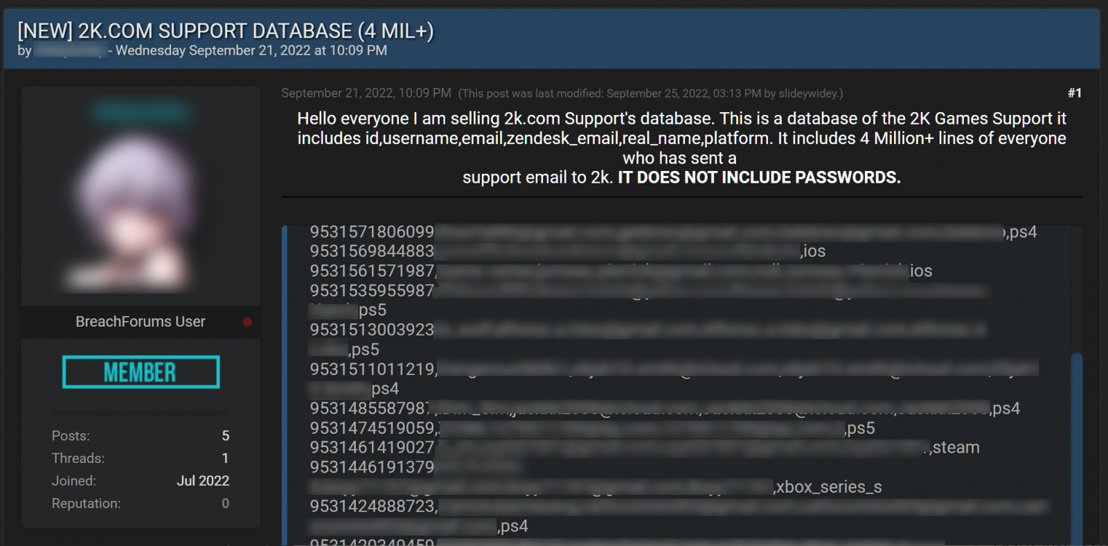 2K user data for sale on hacking forum