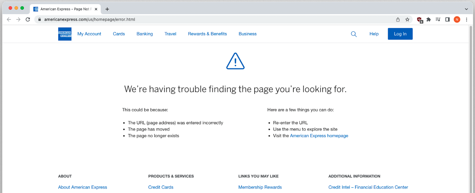American Express açık yönlendirme hata sayfası