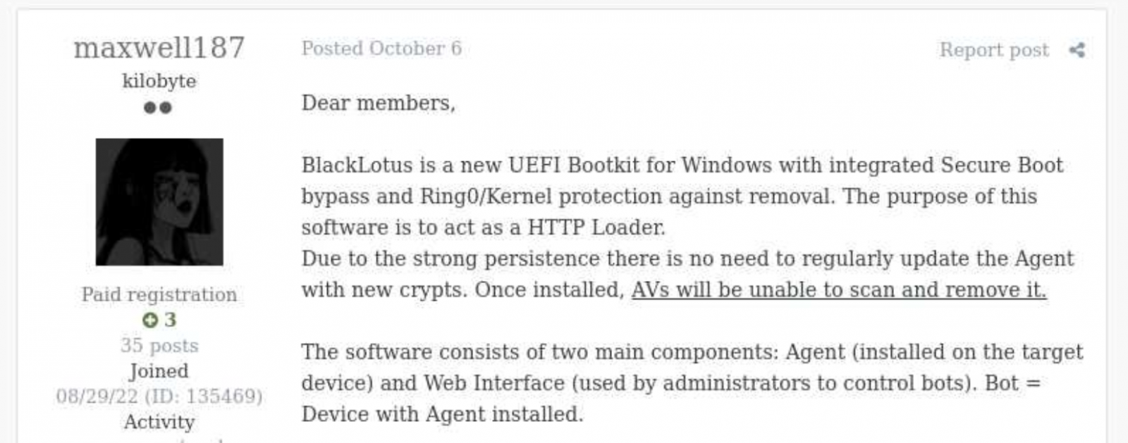 BlackLotus bootkit promoted on hacker forums