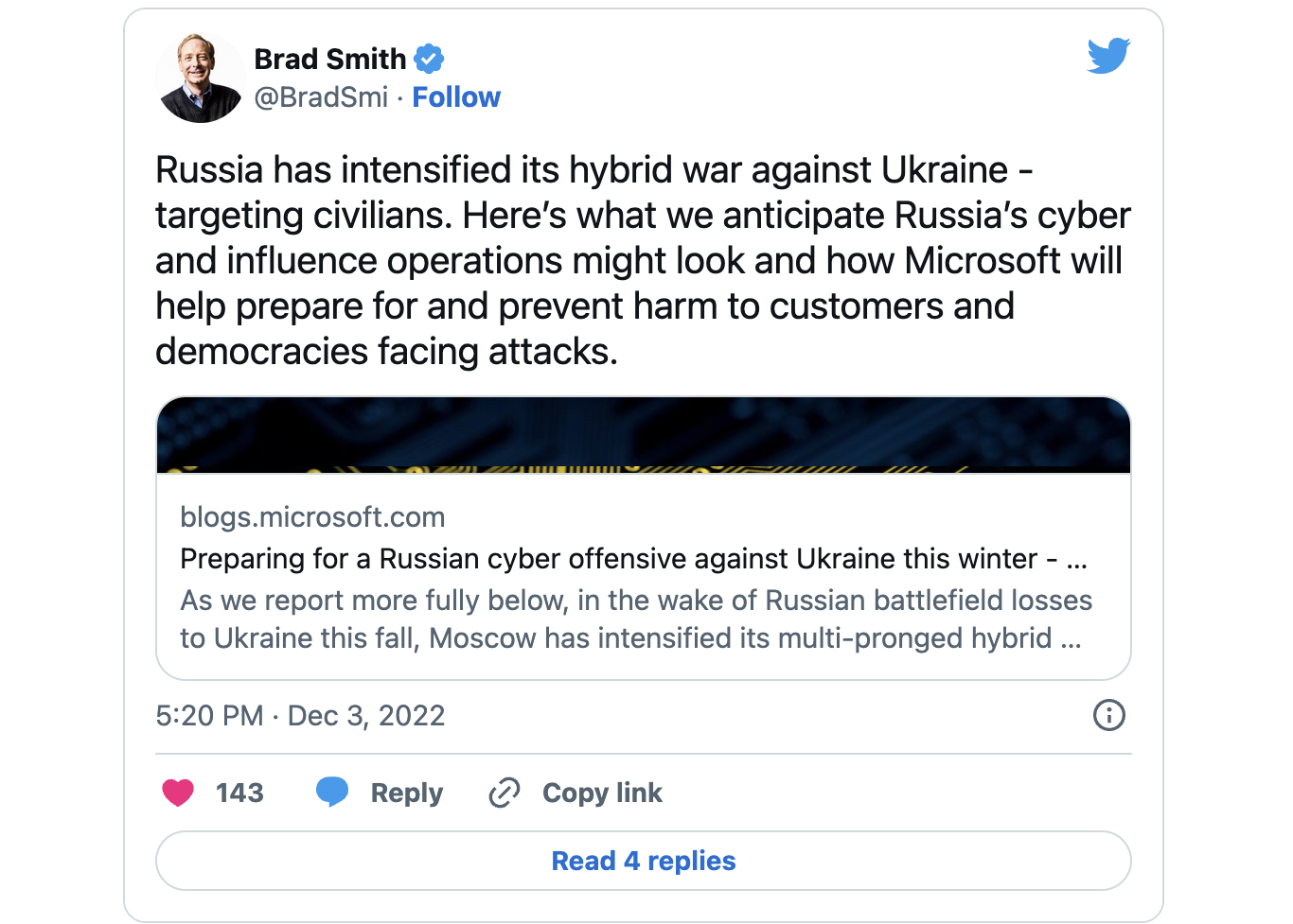 Brad Smith "Russian cyber offensive against Ukraine this winter" tweet 