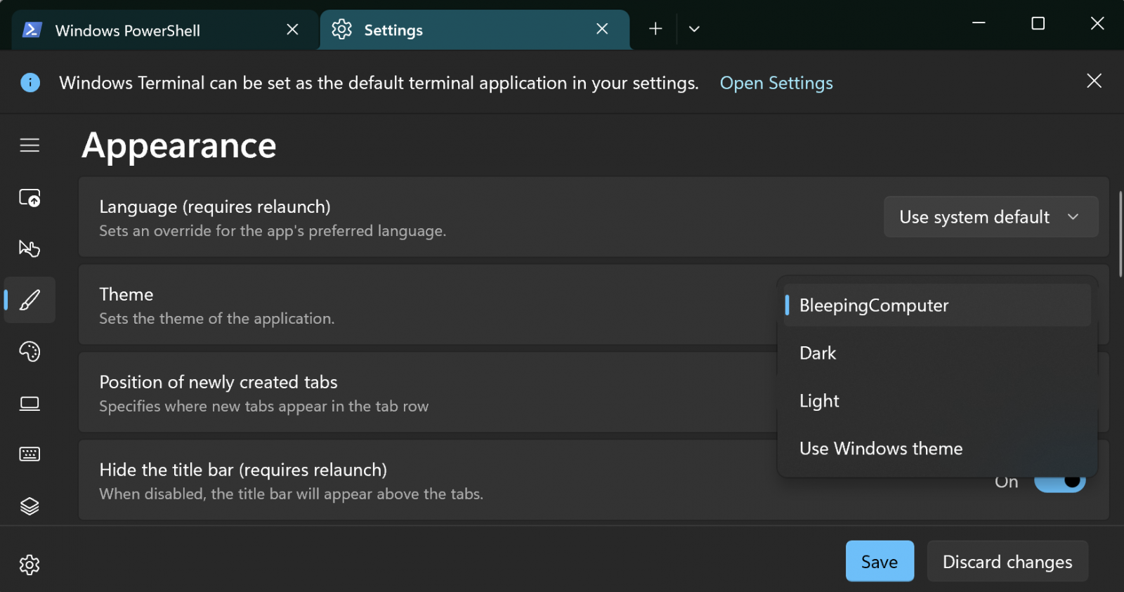 Windows Terminal Custom Theme Settings Page