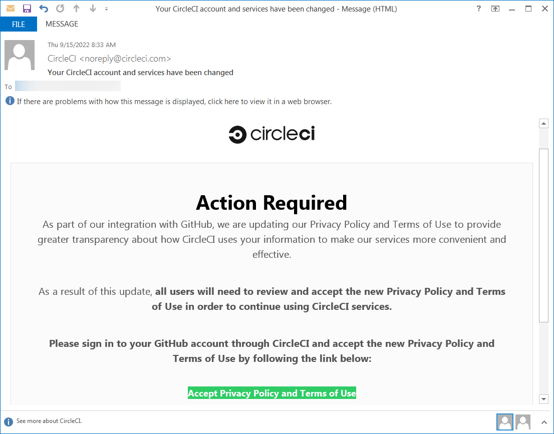 Phishing email impersonating CircleCI