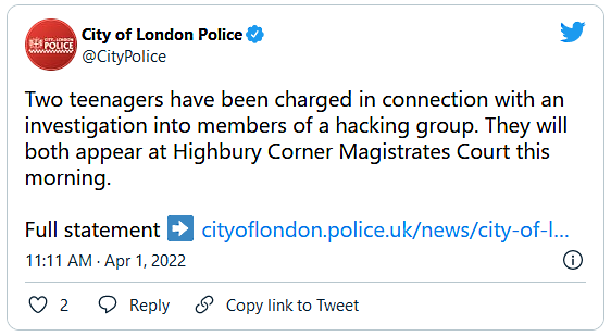 City of London Police Lapsus$ charge tweet