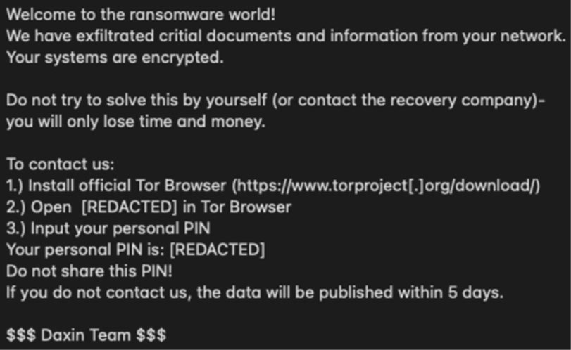 Daixin Team ransom note