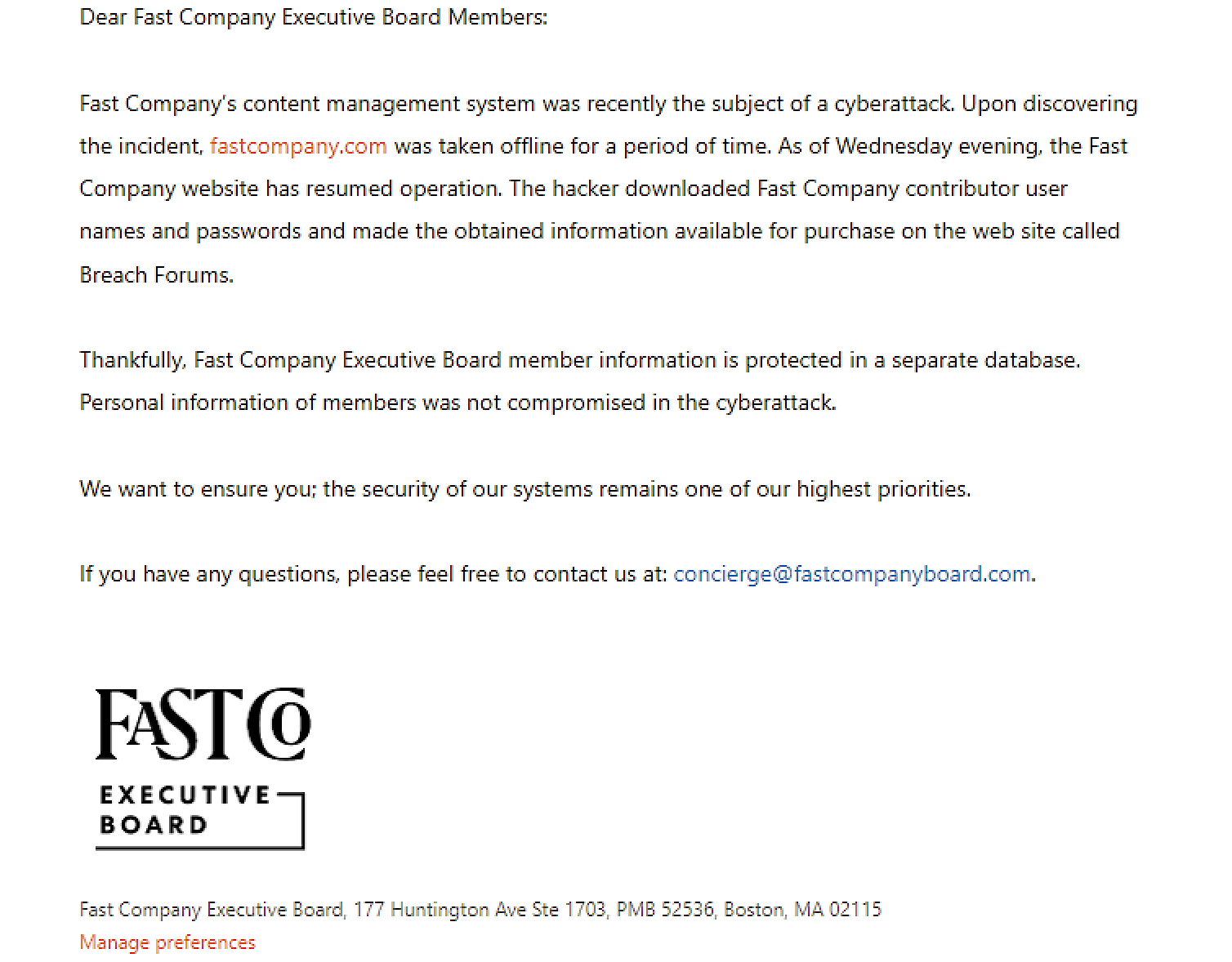 Fast Company Executive Board notification