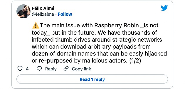 Félix Aimé Raspberry Robin tweet