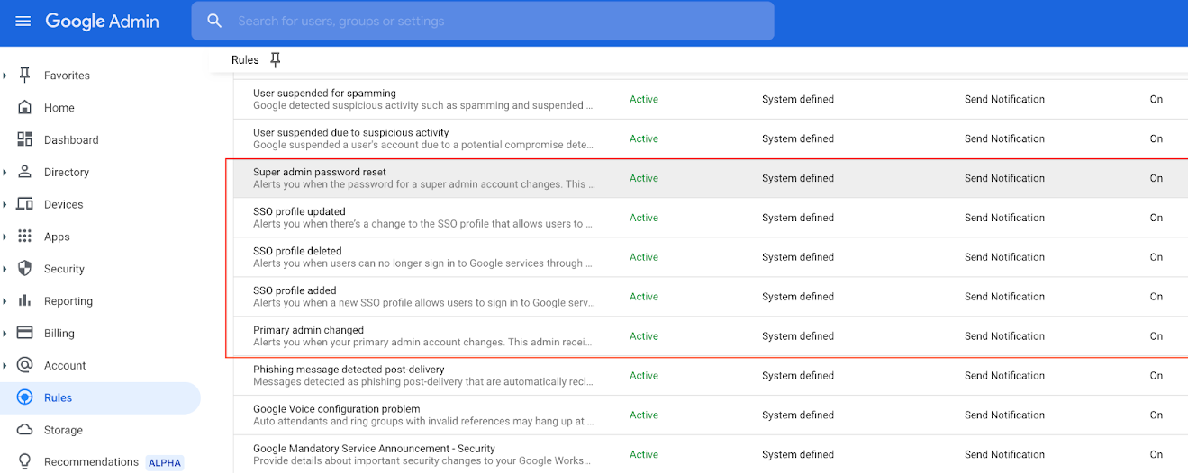 Google Workspaces critical change alerts