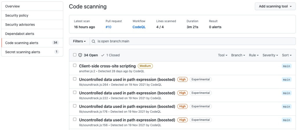 GitHub experimental code scanning alerts