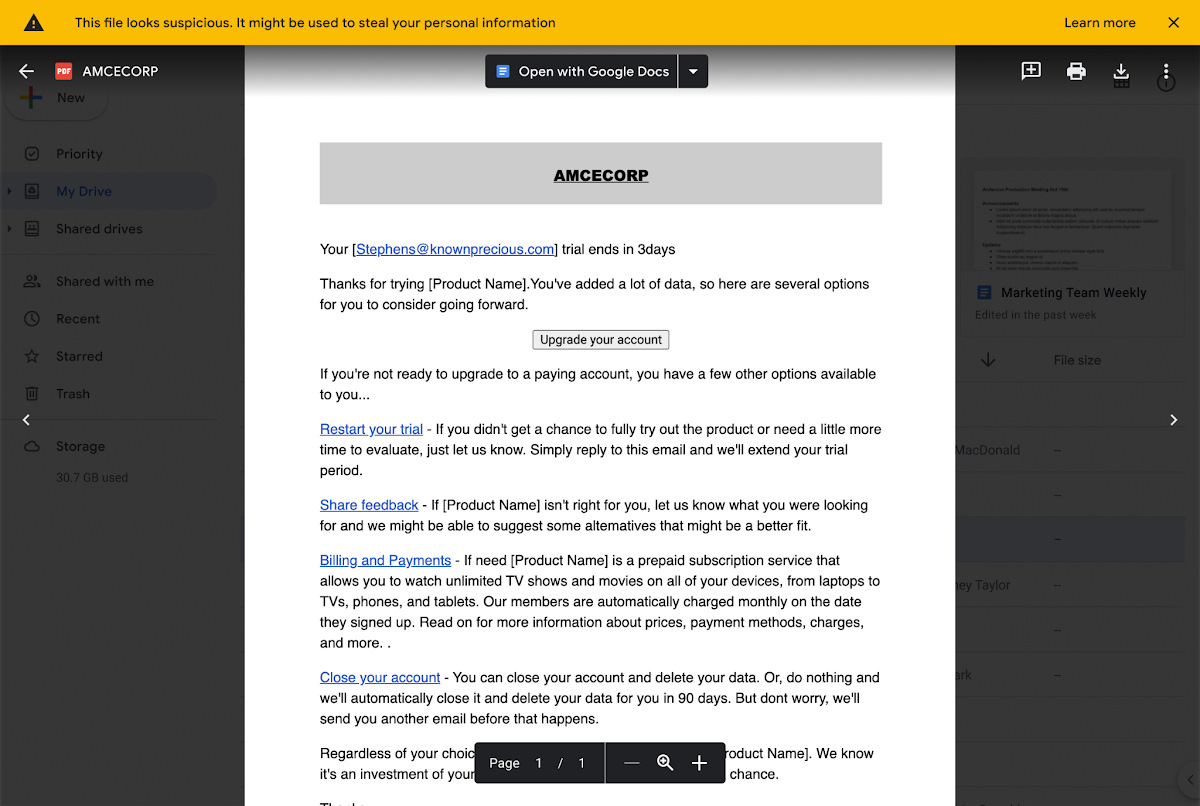 Google Drive suspicious file warning banner