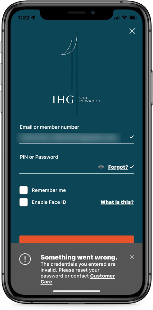 IHG app login error