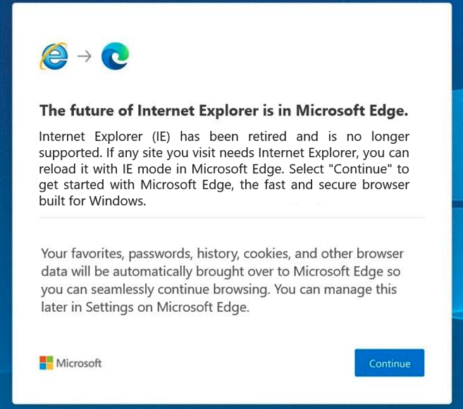 Internet Explorer redirect message