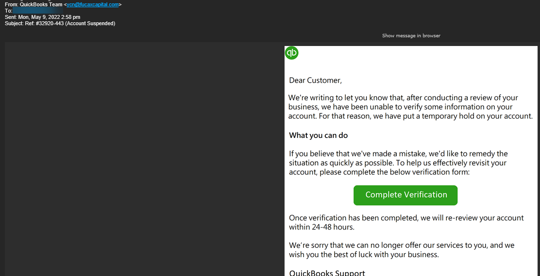 Intuit QuickBooks phishing email