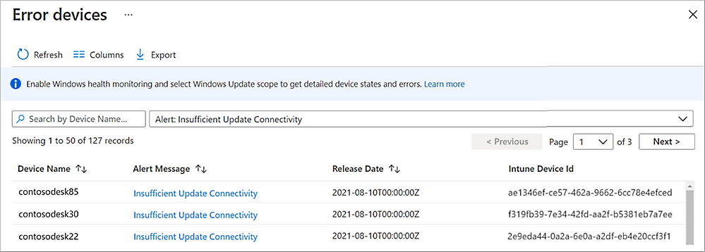 Microsoft Intune Update Connectivity alerts