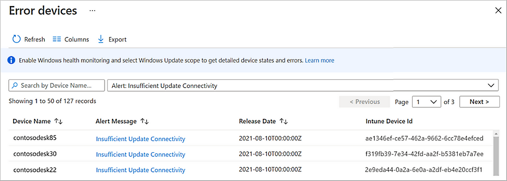 Alertas de conectividad de actualización de Microsoft Intune