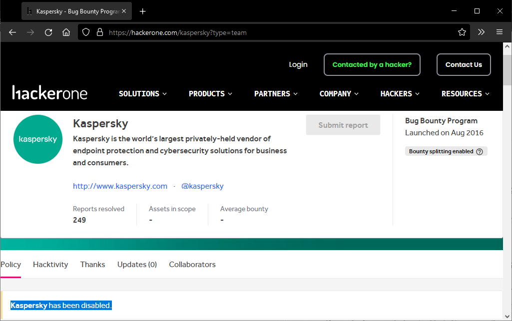Kaspersky's HackerOne bug bounty program disabled