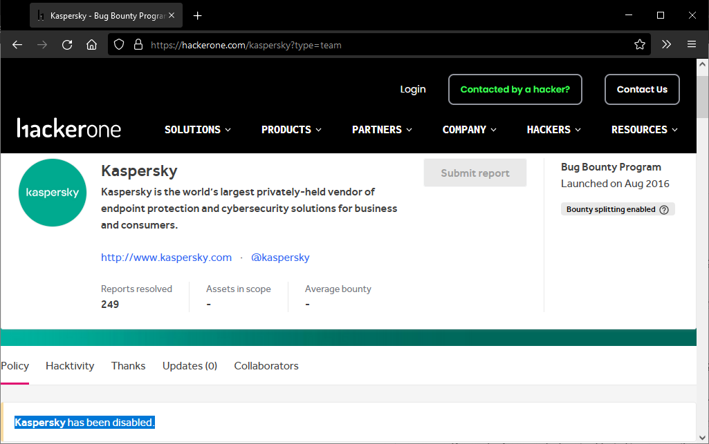 Programa de recompensas de bugs HackerOne da Kaspersky desativado