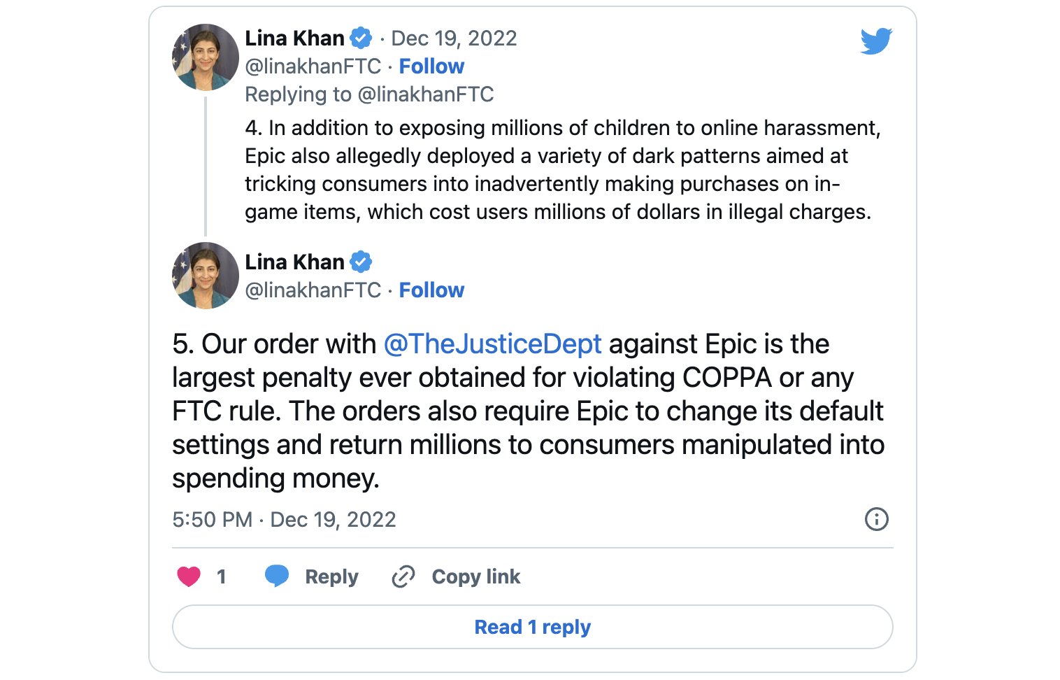 Tweet by Lina Khan Epic Games