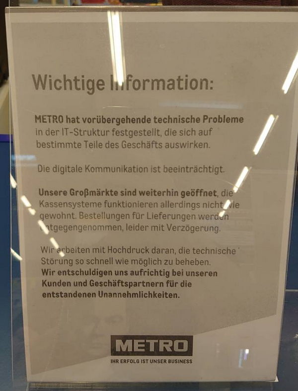 METRO store notification regarding IT issues