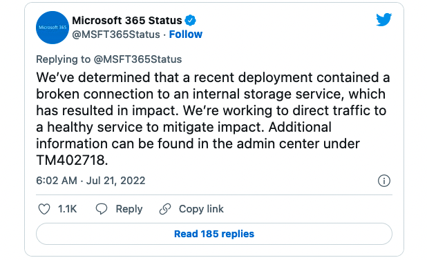 Microsoft Teams outage tweet