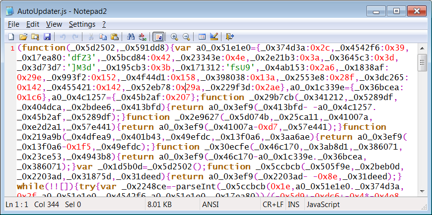 Malicious JavaScript file obfuscated contents