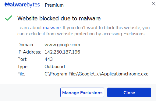 Malwarebytes google.com'u engelliyor