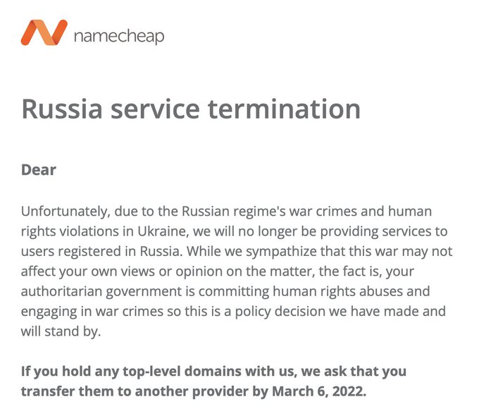 Namecheap termination email