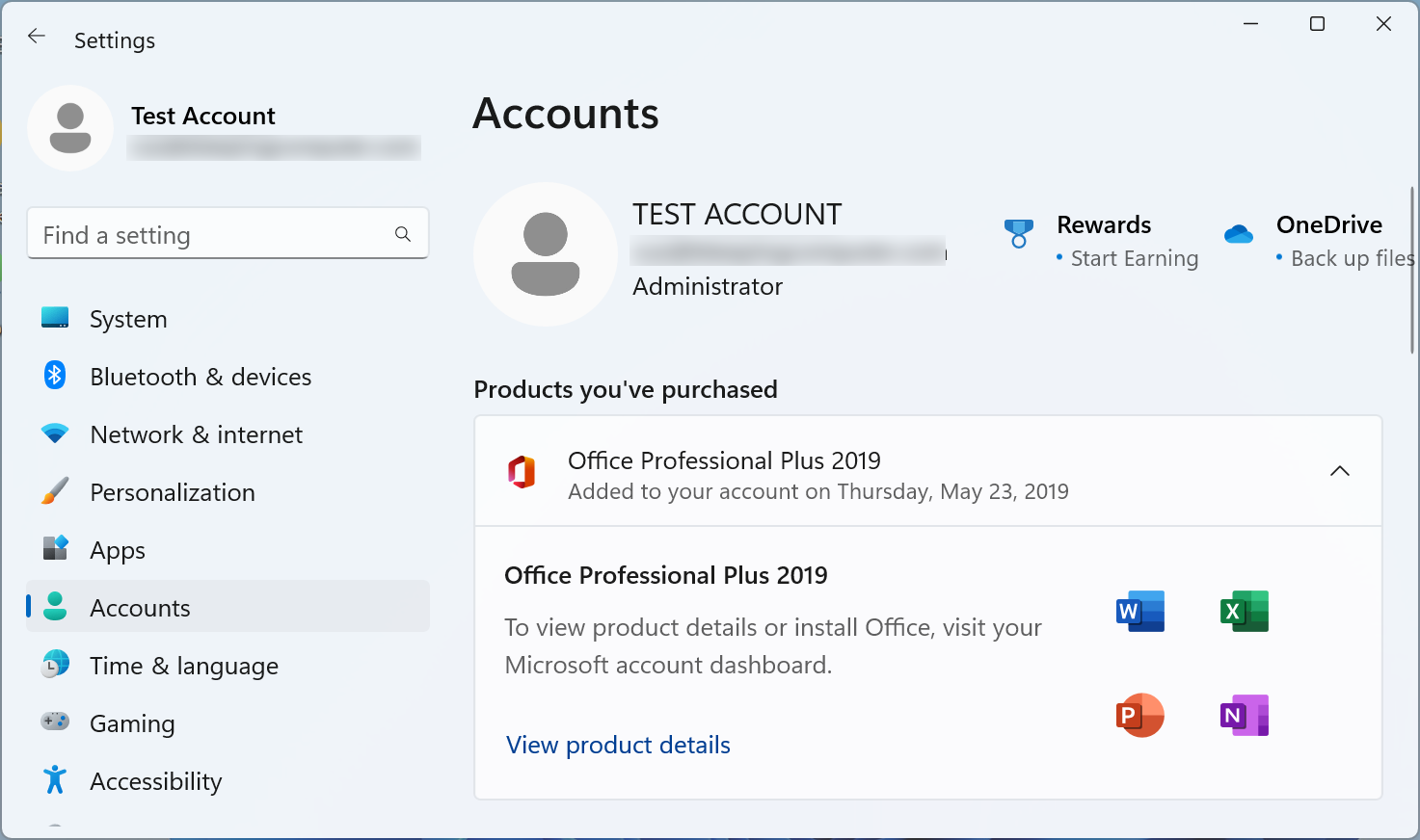 M365 Office products listed in account settings