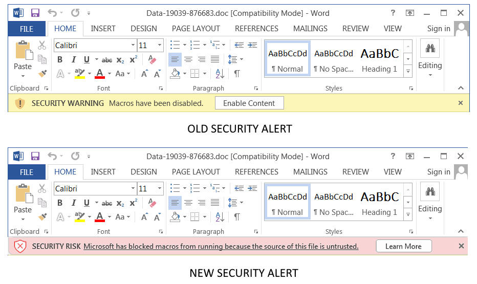 Mockup of new Office macros security alert