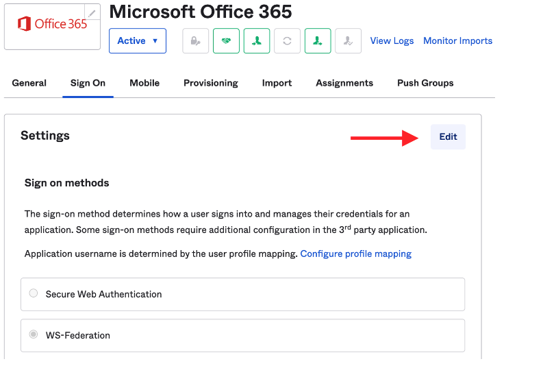Okta Microsoft O365 Sign On settings