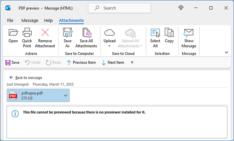 Outlook PDF preview error