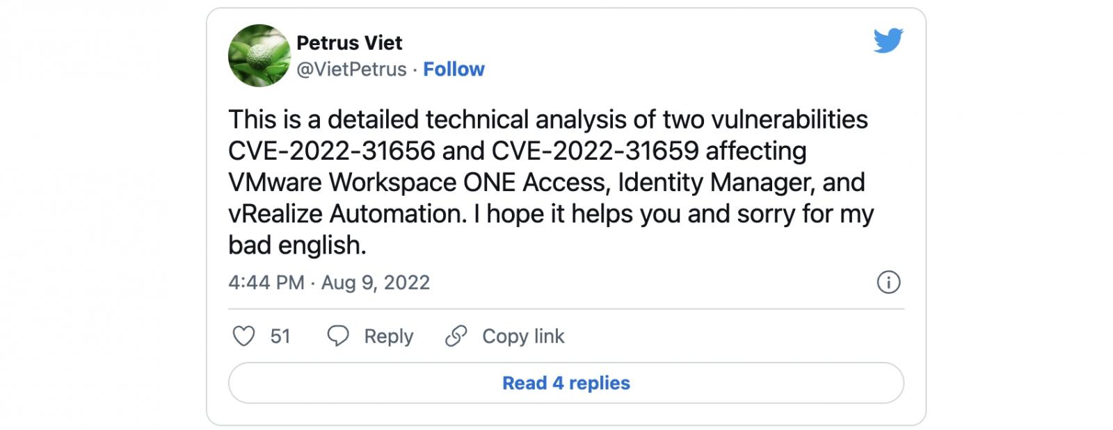 Petrus Viet CVE-2022-31656 PoC tweet