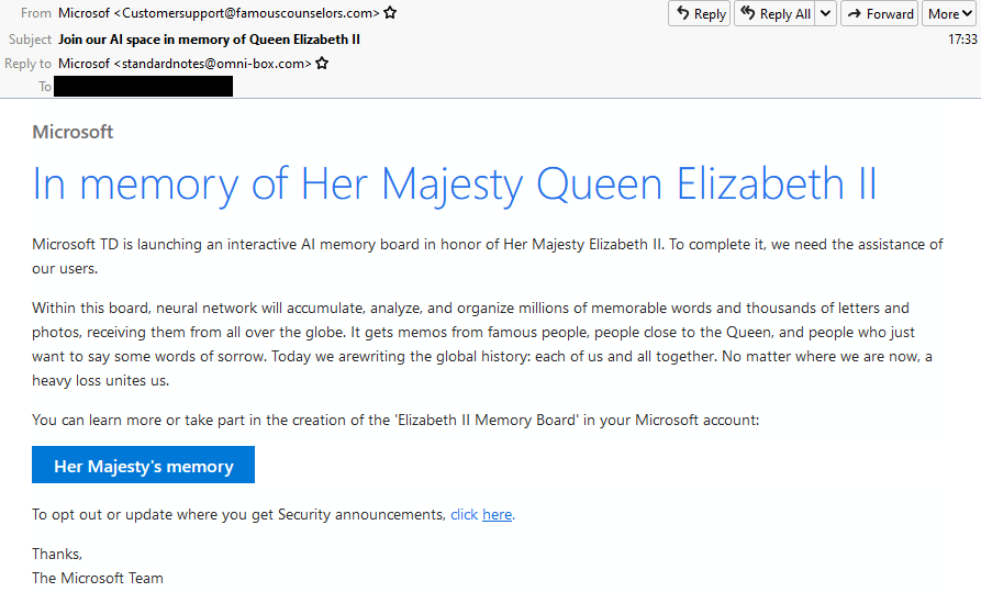 Phishing emails lure Queen Elizabeth II
