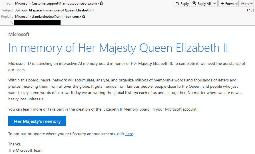 Phishing emails Queen Elizabeth II lures