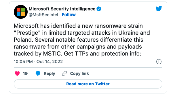 Prestige ransomware tweet