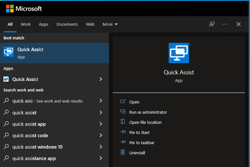 Quick Assist shortcuts in the Start Menu